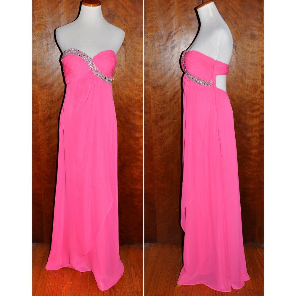 Hailey Logan Adrianna Papell Pink Strapless Sweetheart Bead Chiffon Prom Gown